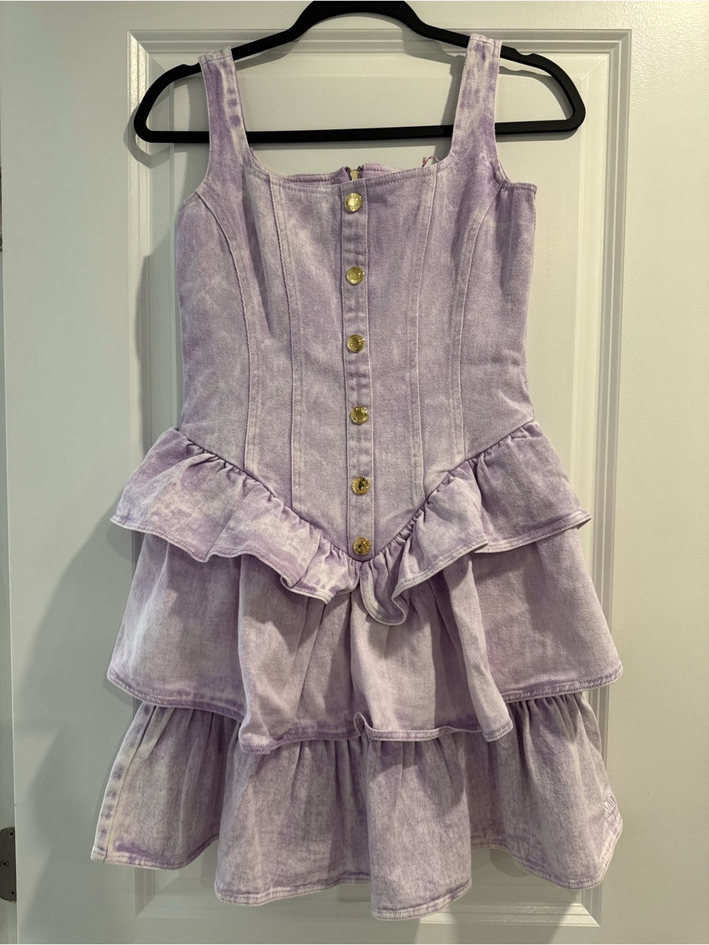 Marlo kids Lavender Tiered Ruffle Denim Dress with Gold Buttons